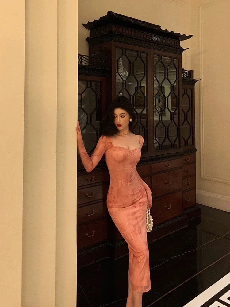 Gorgeous Sheath Square Neckline Long Sleeves Pink Lace Date Night Dress Long Prom Dresses Birthday Outfits