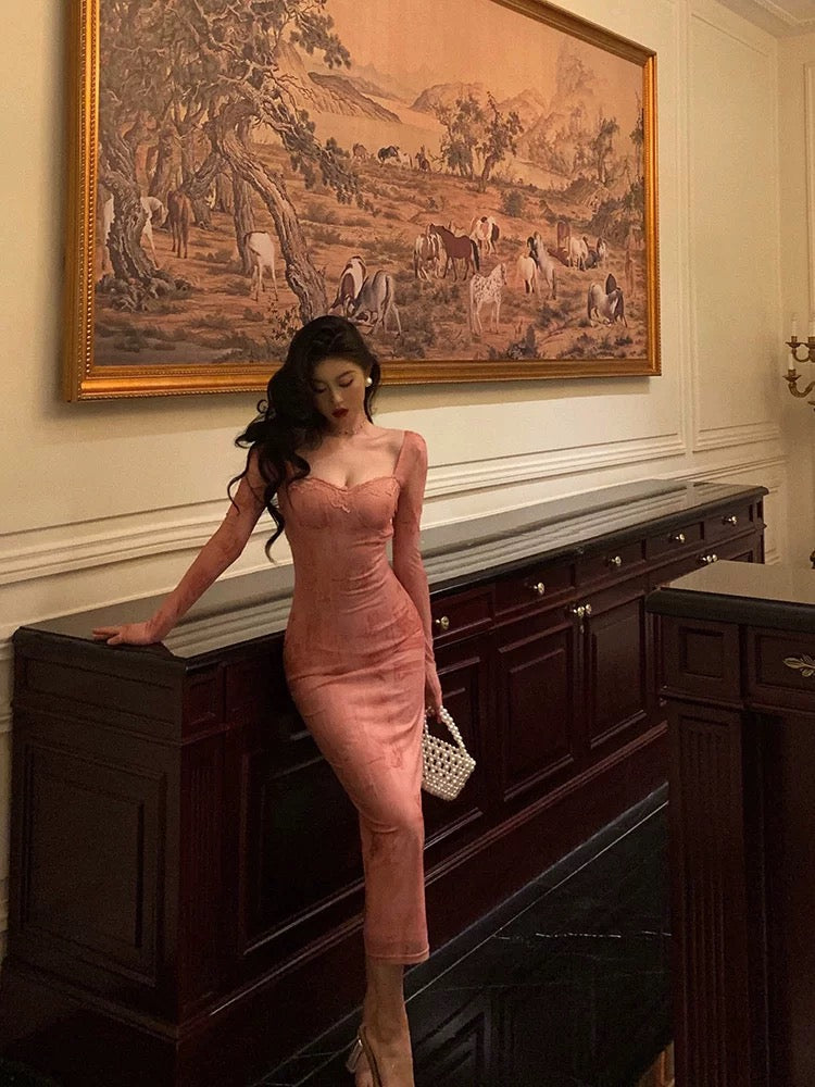 Gorgeous Sheath Square Neckline Long Sleeves Pink Lace Date Night Dress Long Prom Dresses Birthday Outfits