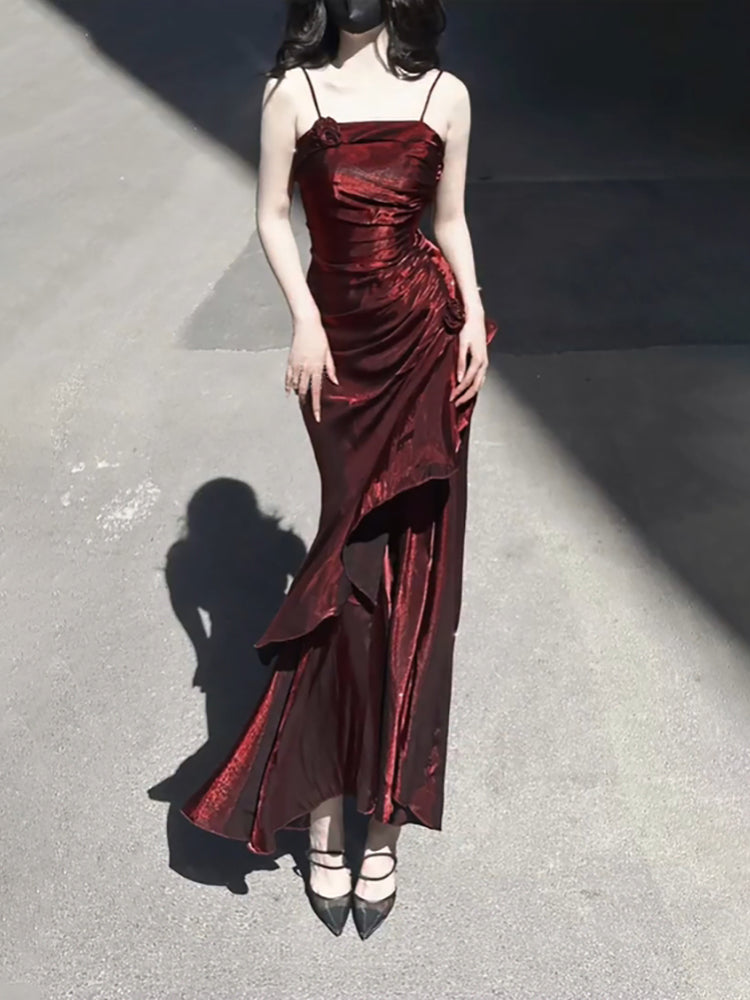 Chic A line Spaghetti Straps Christmas Dress Burgundy Birthday Dresses Birthday Outfits