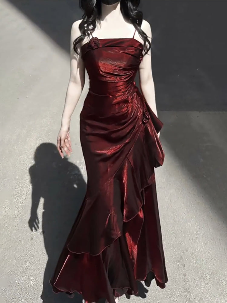 Chic A line Spaghetti Straps Christmas Dress Burgundy Birthday Dresses Birthday Outfits