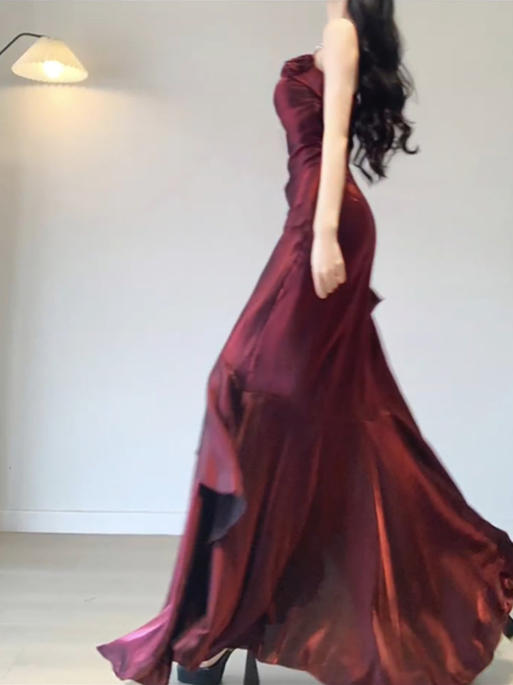 Chic A line Spaghetti Straps Christmas Dress Burgundy Birthday Dresses Birthday Outfits