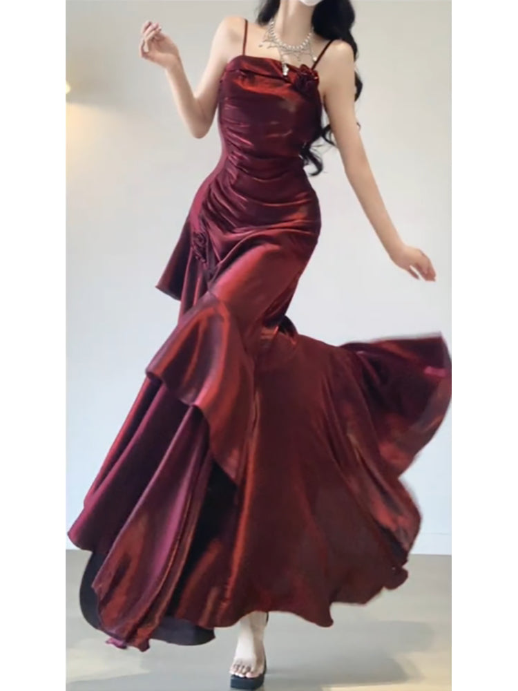 Chic A line Spaghetti Straps Christmas Dress Burgundy Birthday Dresses Birthday Outfits