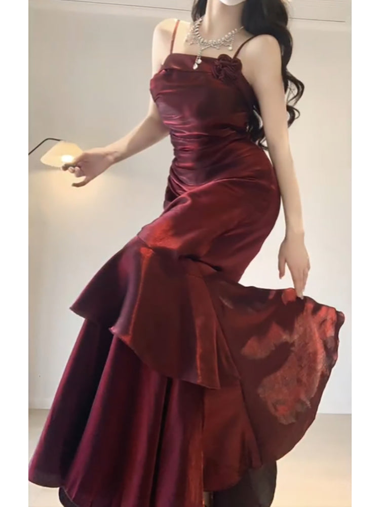 Chic A line Spaghetti Straps Christmas Dress Burgundy Birthday Dresses Birthday Outfits