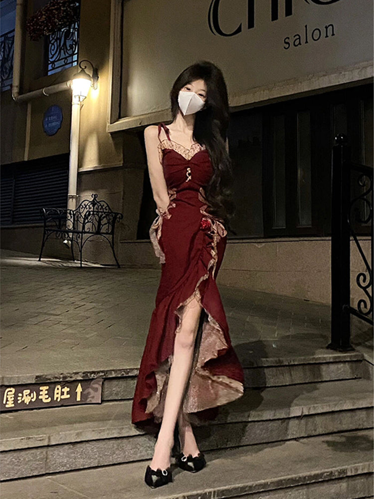 Princess High Low Spaghetti Straps Lolita Dress Christmas Dress Burgundy Birthday Dresses