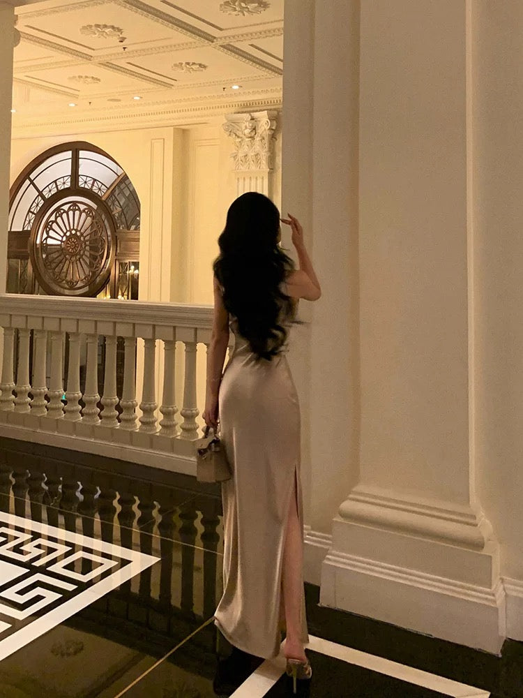 Sexy Sheath Straps Champagne Slit Prom Dresses Long Birthday Outfits