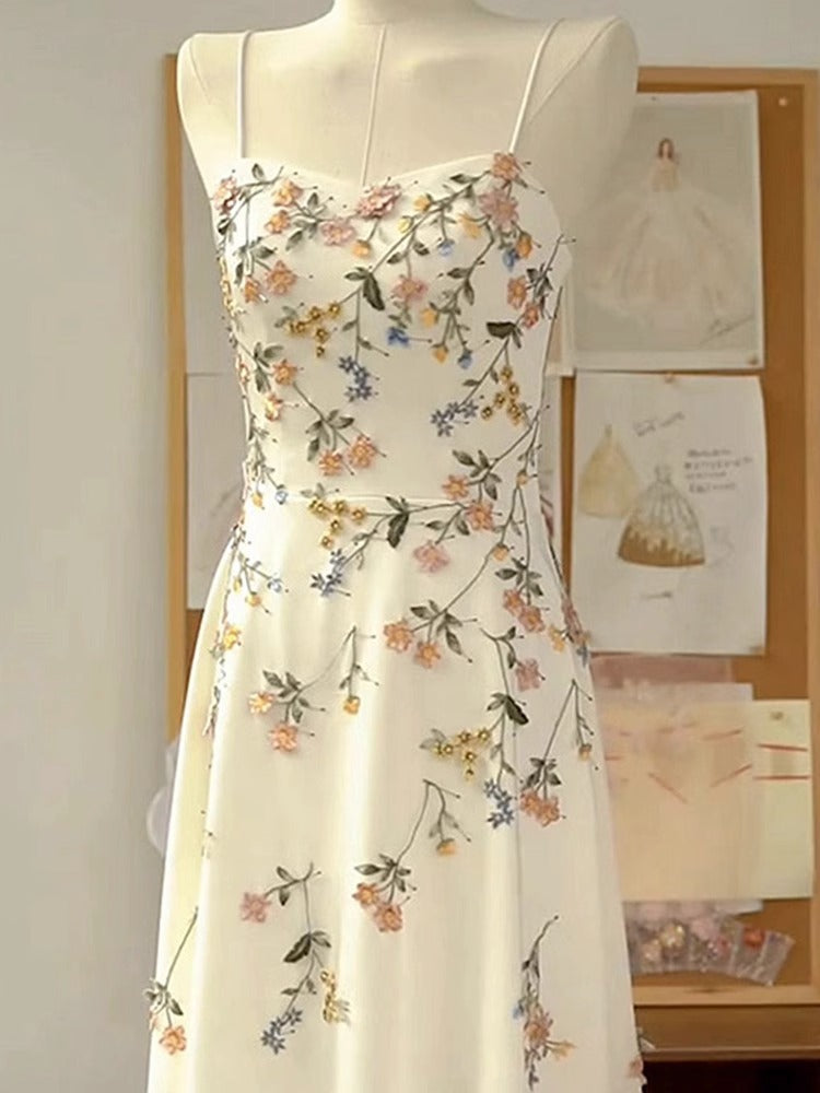 Sexy A line Spaghetti Straps Ivory Floral Satin Prom Dresses Birthday Outfits Evening Gown
