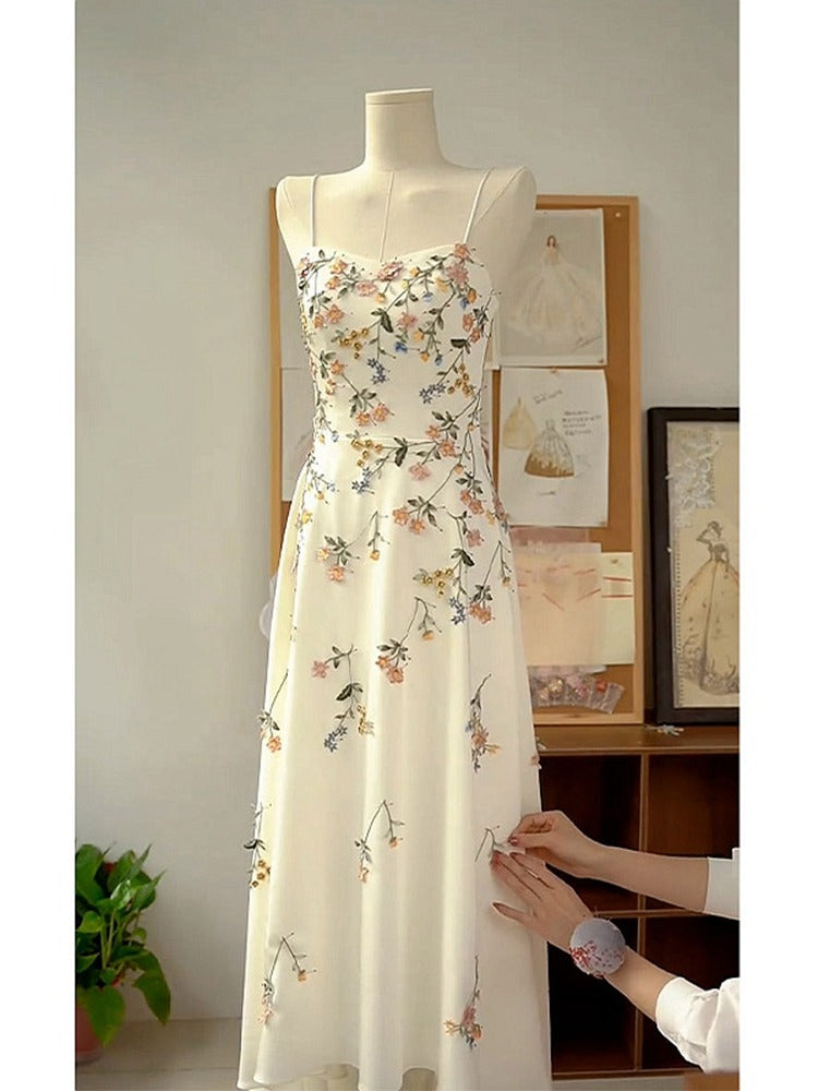 Sexy A line Spaghetti Straps Ivory Floral Satin Prom Dresses Birthday Outfits Evening Gown