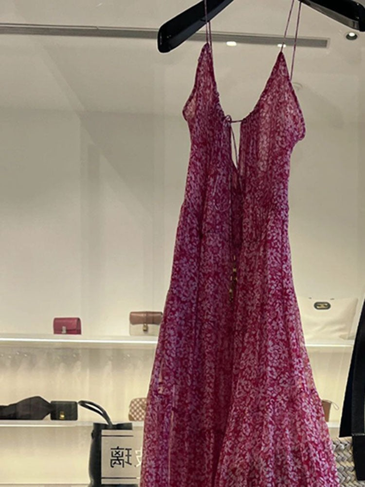 Cute A line Straps Ruffled Hot Pink Floor Length Floral Beach Dress Women's Vacation Dresses