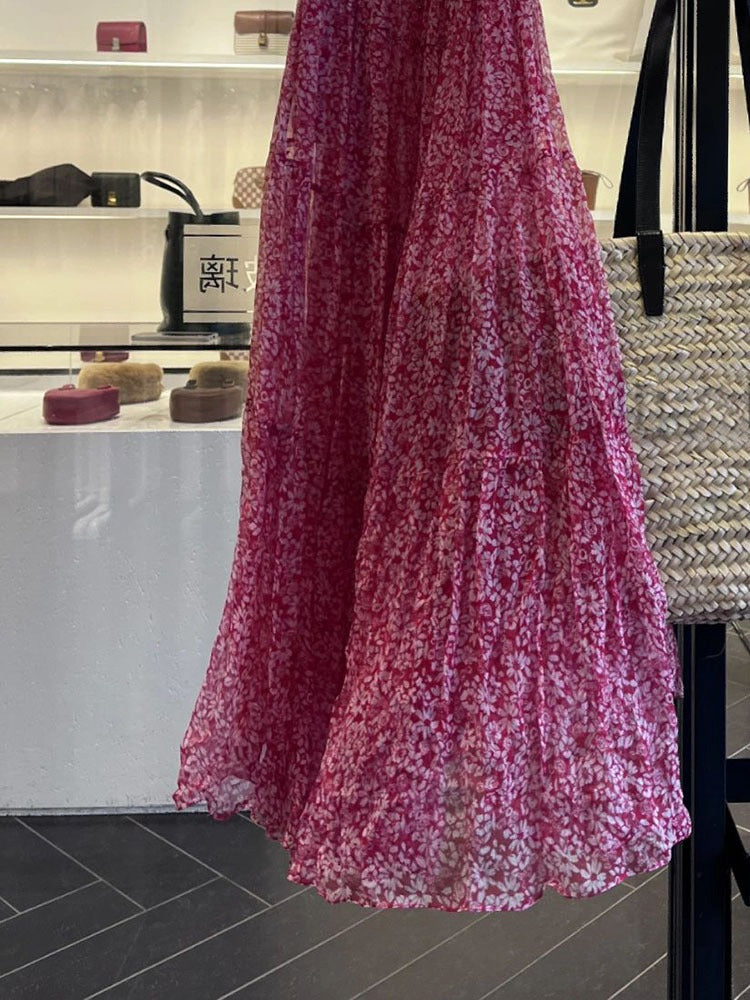 Cute A line Straps Ruffled Hot Pink Floor Length Floral Beach Dress Women's Vacation Dresses