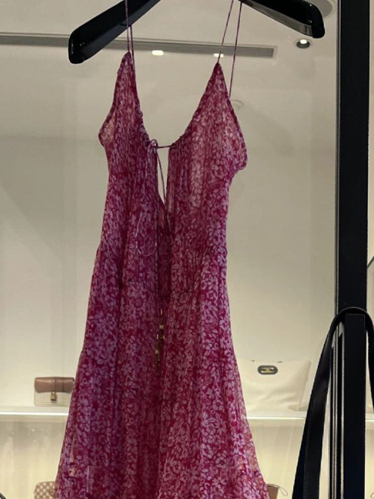 Cute A line Straps Ruffled Hot Pink Floor Length Floral Beach Dress Women's Vacation Dresses