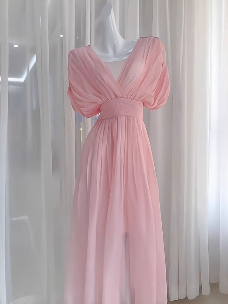 Sexy A line V Neckline Ruffled Pink Chiffon Beach Dress Women's Vacation Dresses