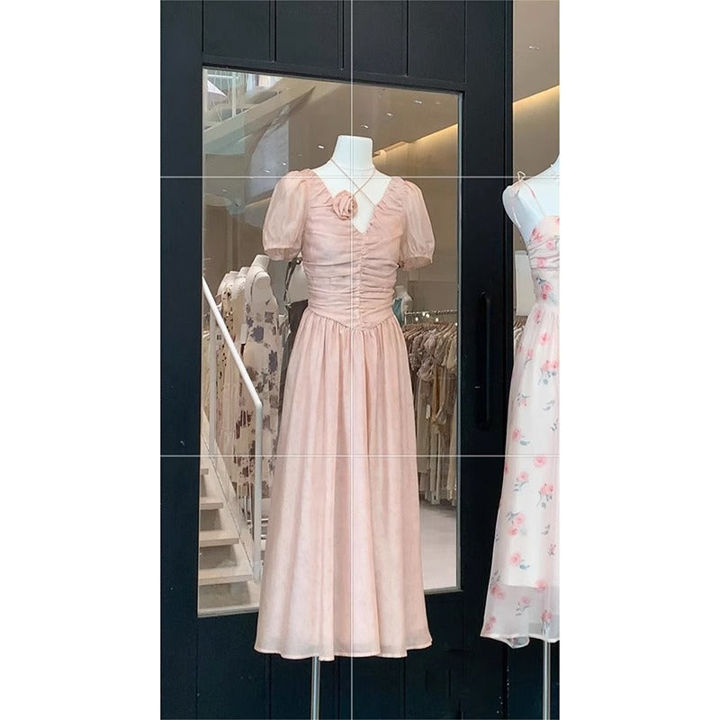 Sexy A line V Neckline Pink Chiffon Beach Dress Women's Vacation Dresses