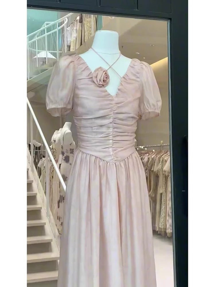 Sexy A line V Neckline Pink Chiffon Beach Dress Women's Vacation Dresses