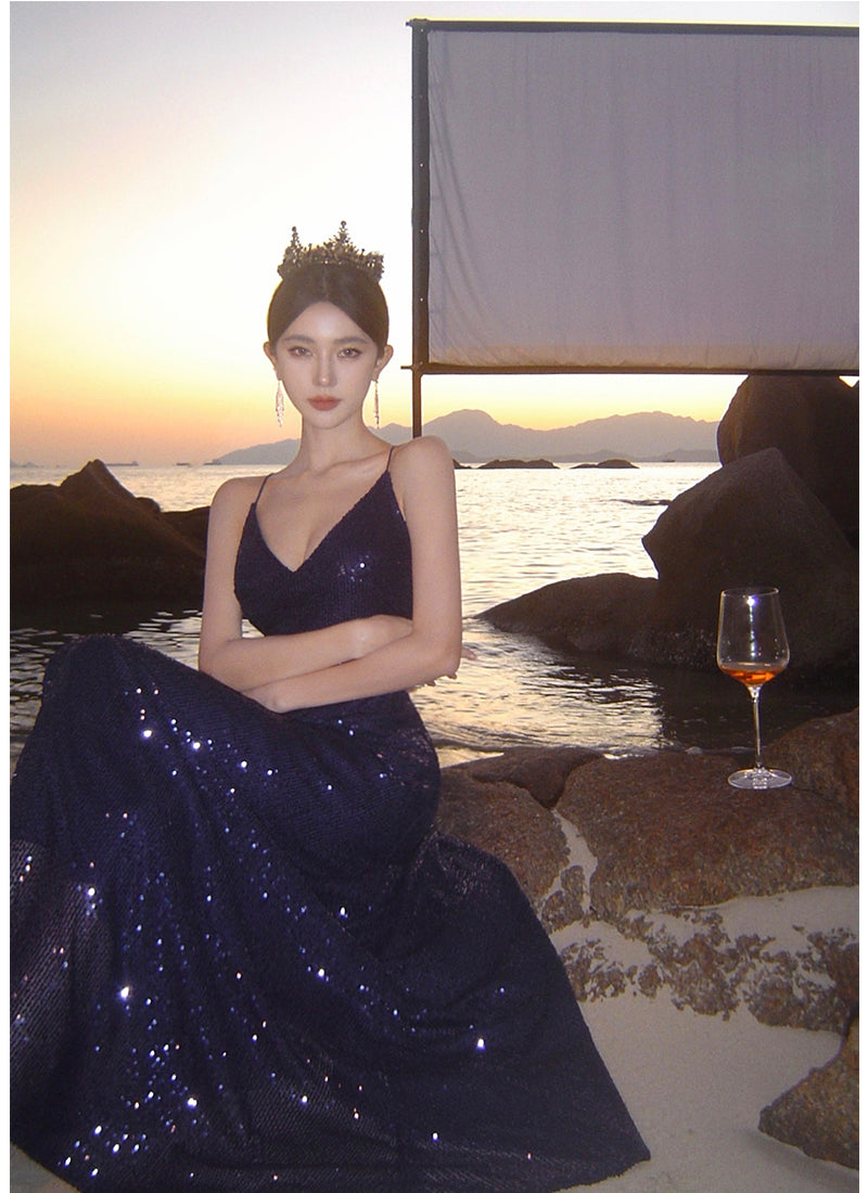 Sexy Sheath Spaghetti Straps Blue Sequin Beach Dress Women's Vacation Dresses Prom Dress