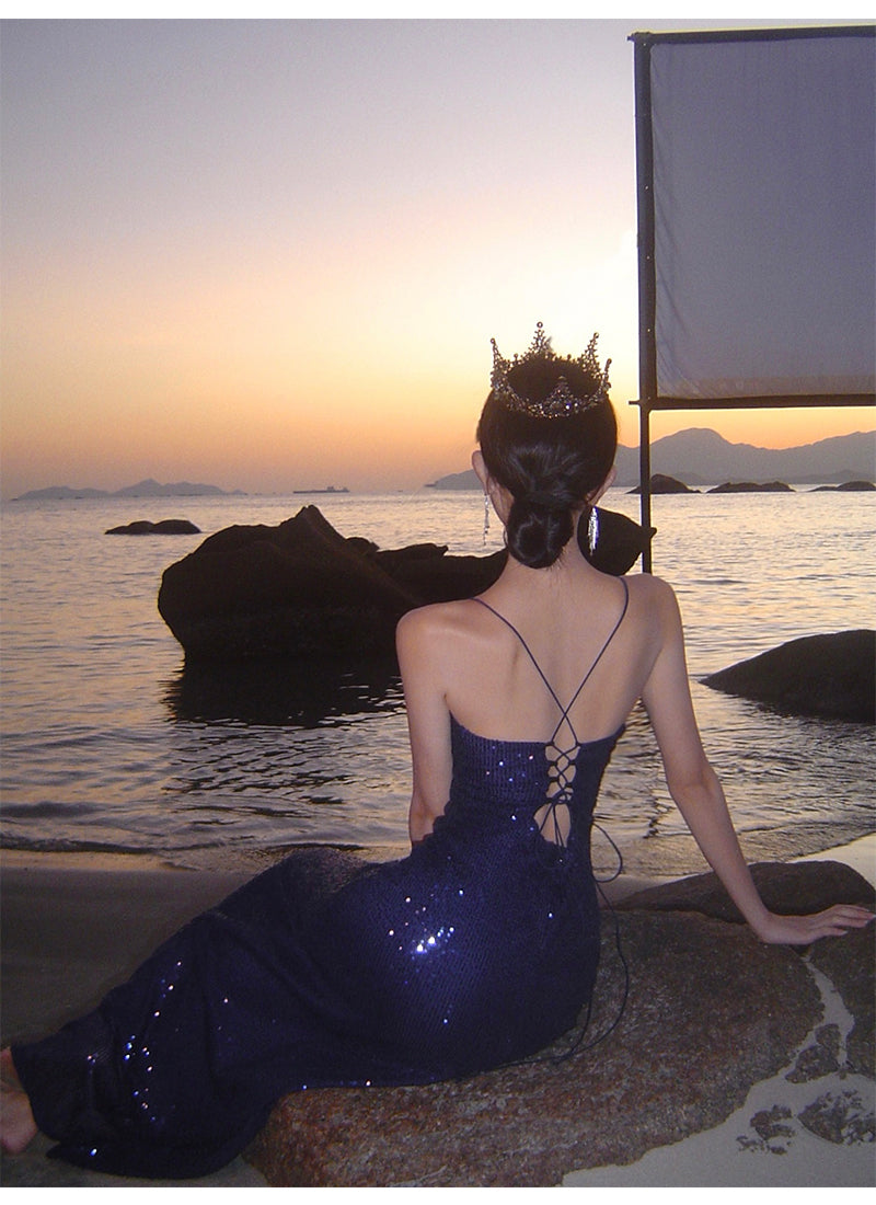 Sexy Sheath Spaghetti Straps Blue Sequin Beach Dress Women's Vacation Dresses Prom Dress