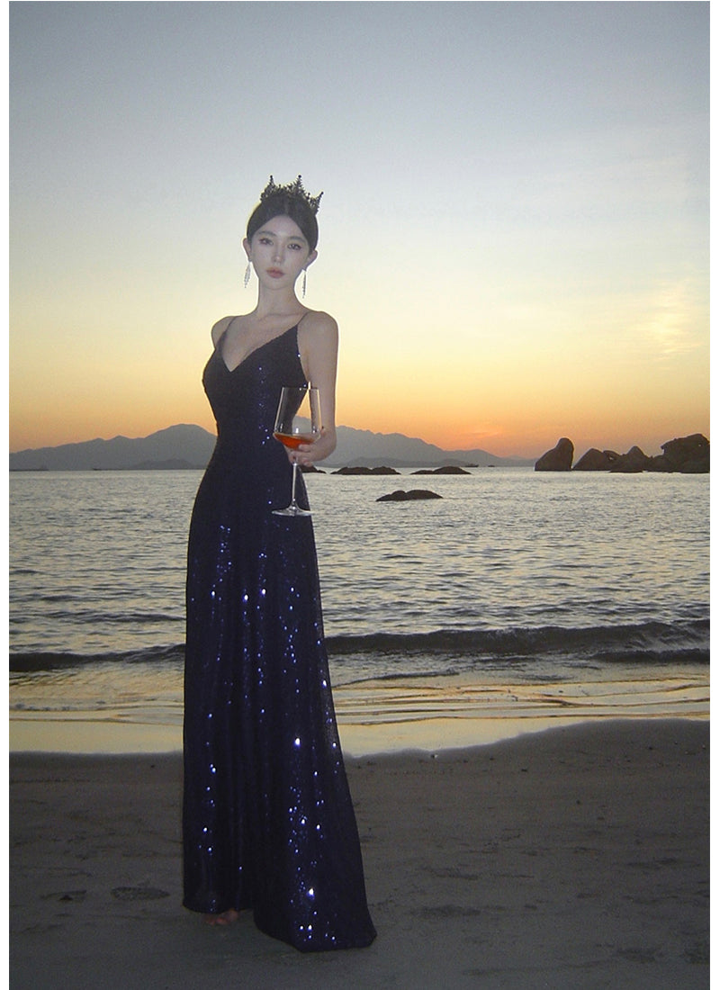 Sexy Sheath Spaghetti Straps Blue Sequin Beach Dress Women's Vacation Dresses Prom Dress