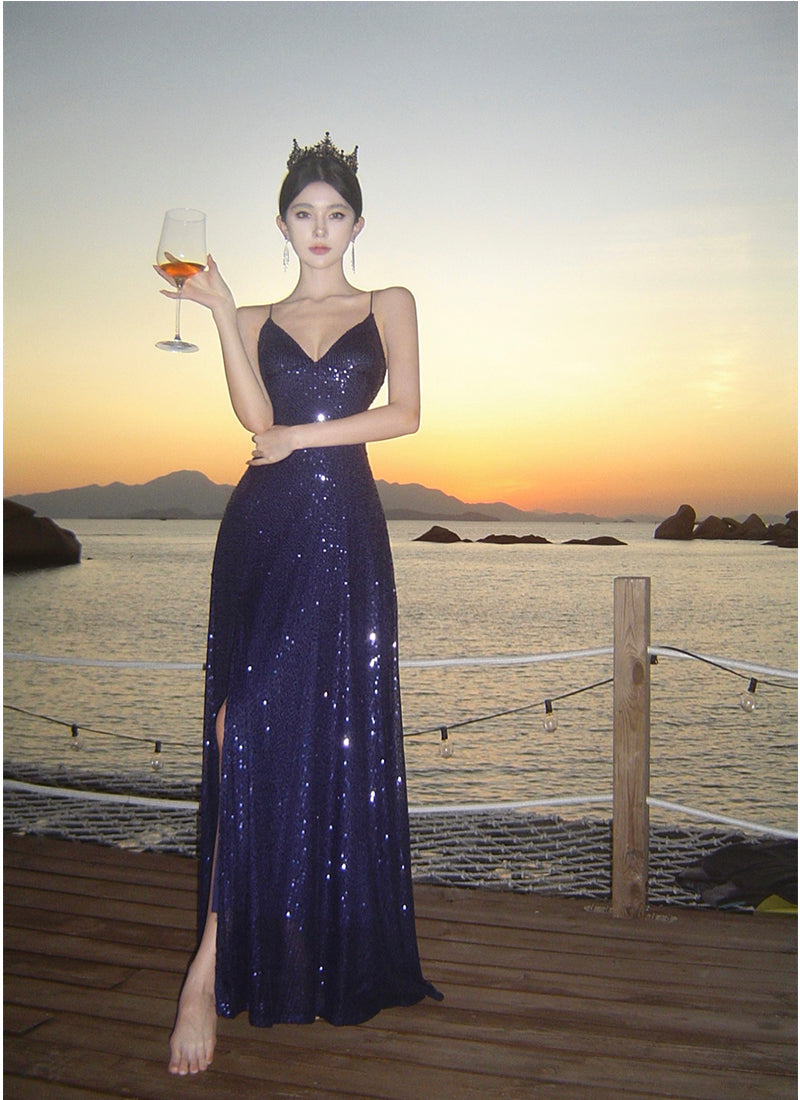 Sexy Sheath Spaghetti Straps Blue Sequin Beach Dress Women's Vacation Dresses Prom Dress