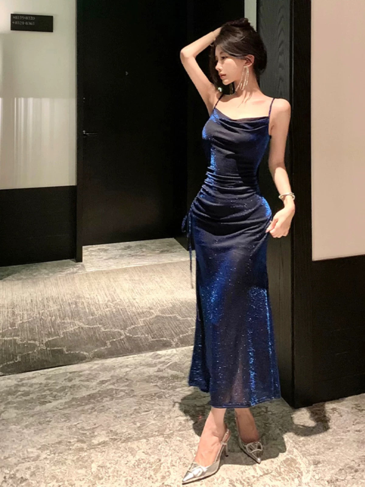 Sexy Sheath Spaghetti Straps Navy Blue Sequin Birthday Dresses Prom Dress