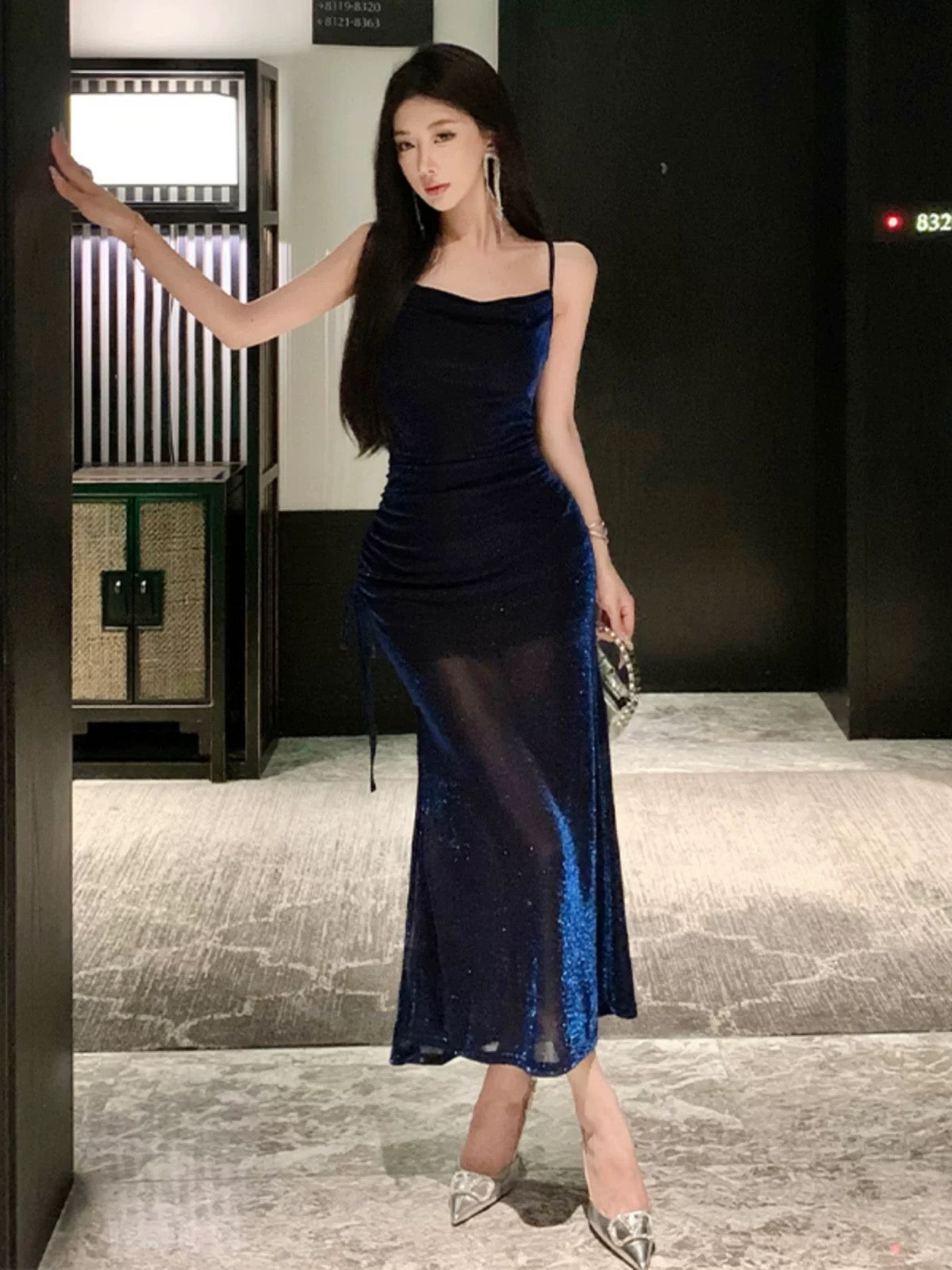 Sexy Sheath Spaghetti Straps Navy Blue Sequin Birthday Dresses Prom Dress