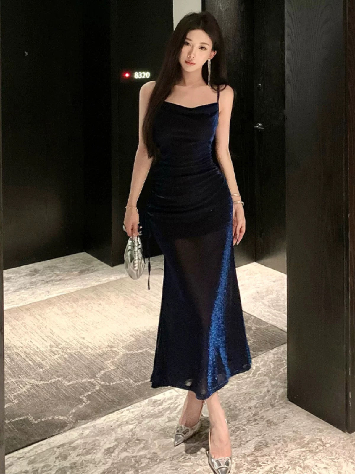 Sexy Sheath Spaghetti Straps Navy Blue Sequin Birthday Dresses Prom Dress