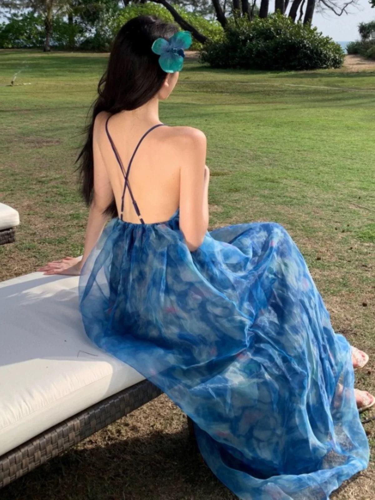 Sexy A line Spaghetti Straps Blue Floral Backless Holiday Beach Dress Women's Long Vacation Dresses