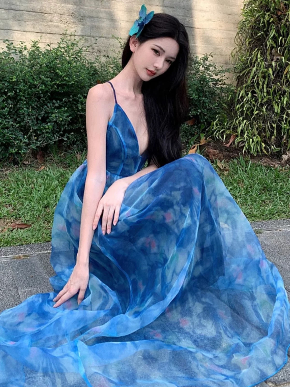Sexy A line Spaghetti Straps Blue Floral Backless Holiday Beach Dress Women's Long Vacation Dresses