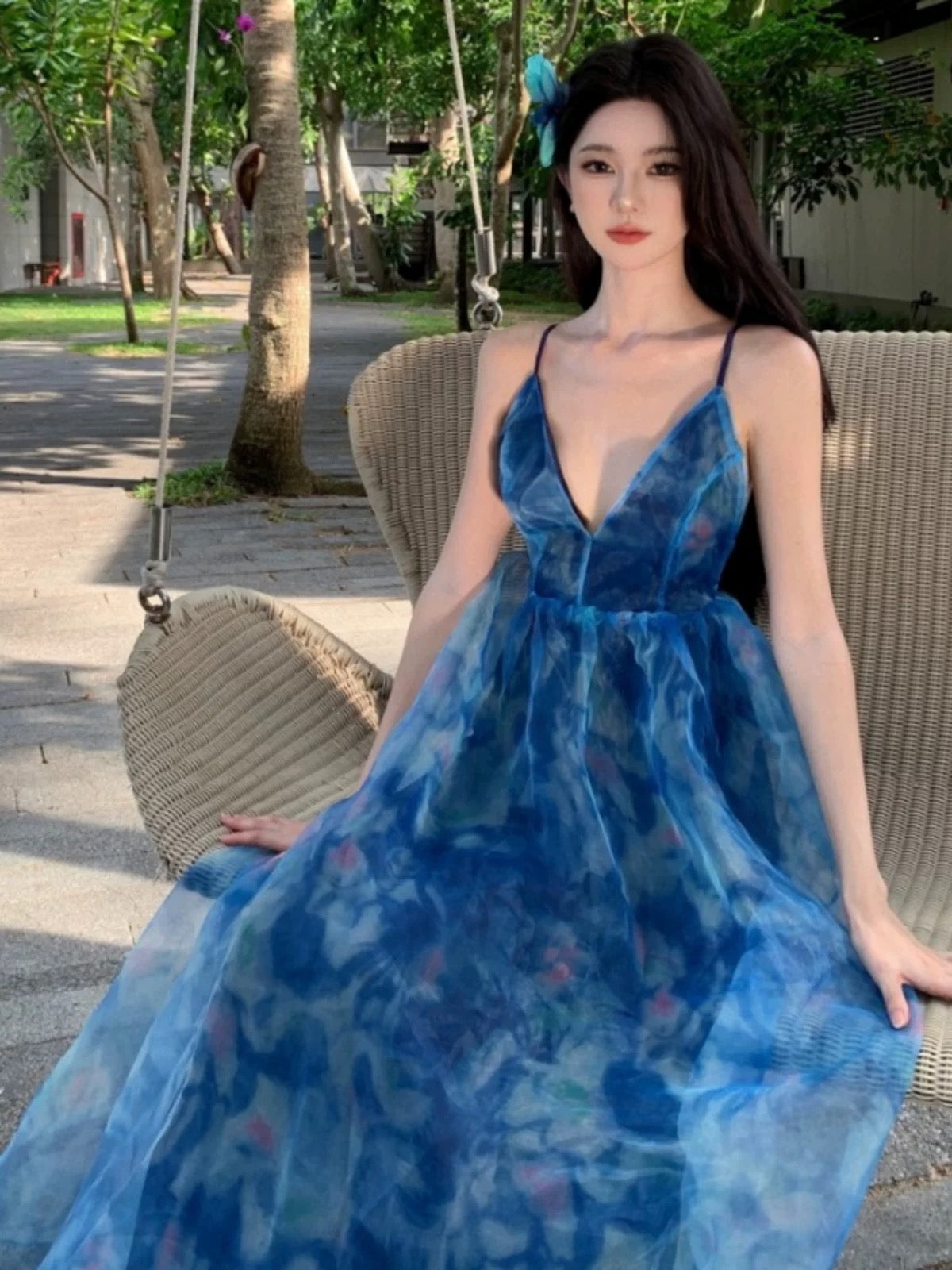 Sexy A line Spaghetti Straps Blue Floral Backless Holiday Beach Dress Women's Long Vacation Dresses