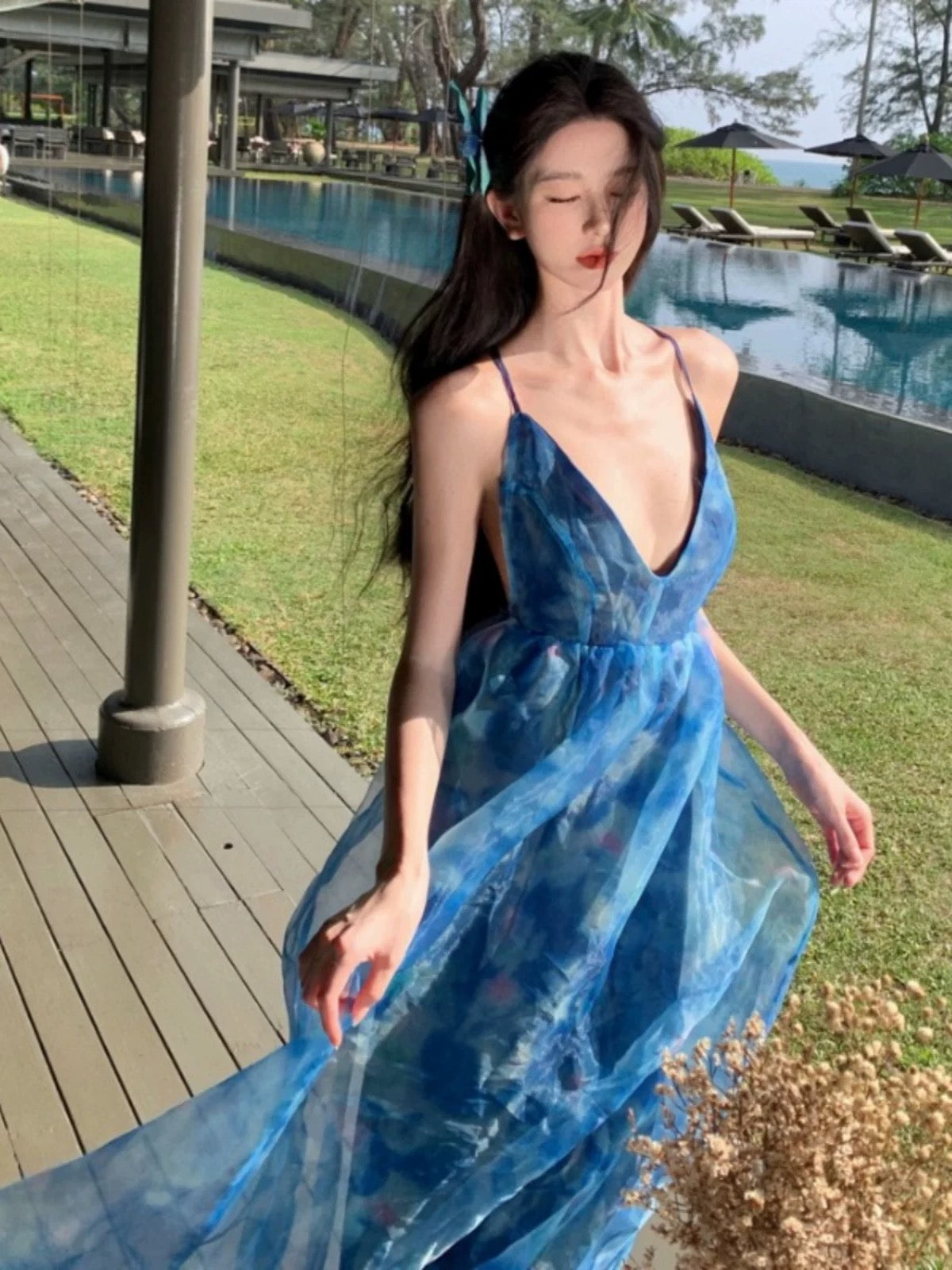 Sexy A line Spaghetti Straps Blue Floral Backless Holiday Beach Dress Women's Long Vacation Dresses