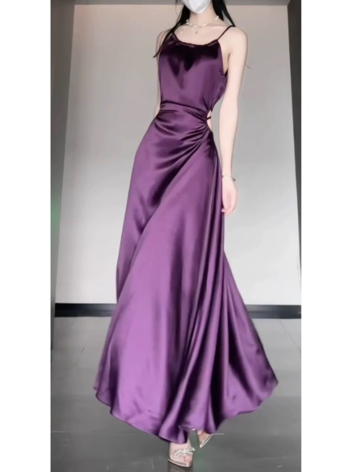 Sexy Sheath Spaghetti Straps Grape Satin Birthday Dresses Night Party Dress