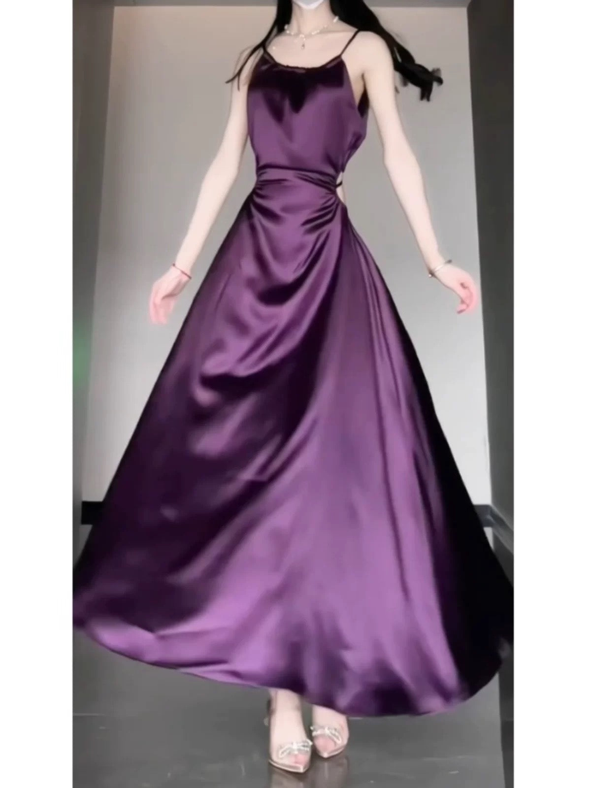 Sexy Sheath Spaghetti Straps Grape Satin Birthday Dresses Night Party Dress