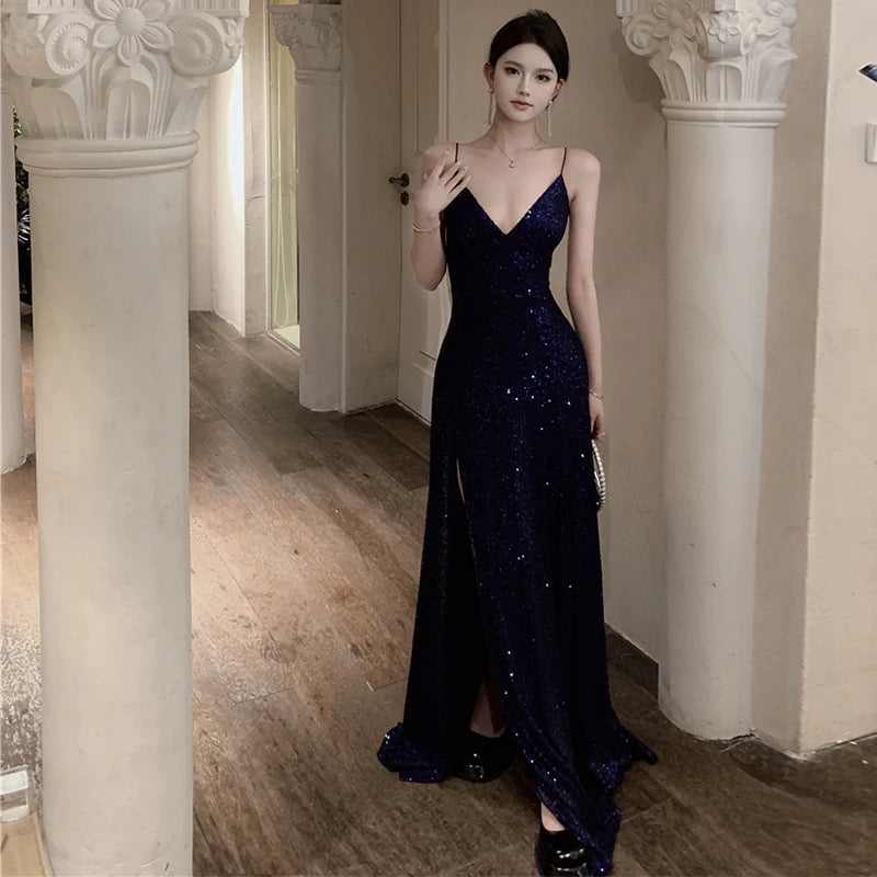 Sexy Sheath Spaghetti Straps Navy Blue Sequin Beach Dress Women's Vacation Dresses Birthday Dress
