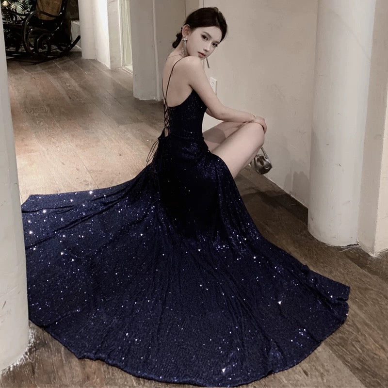 Sexy Sheath Spaghetti Straps Navy Blue Sequin Beach Dress Women's Vacation Dresses Birthday Dress