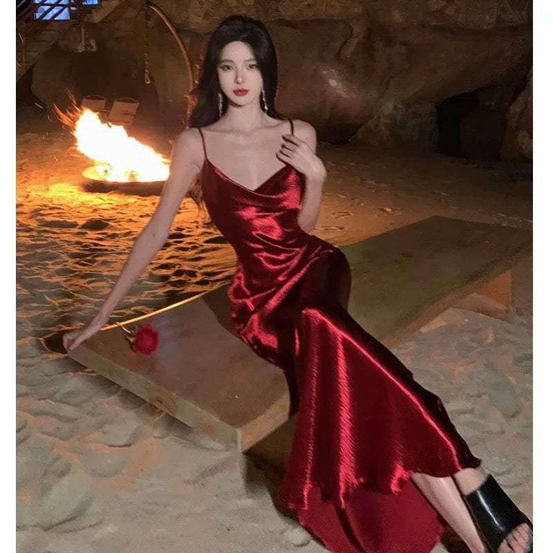 Sexy Sheath Spaghetti Straps Red Backless Satin Birthday Dresses Prom Dress