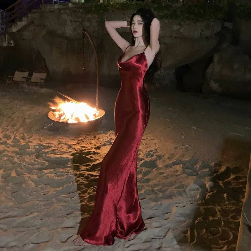 Sexy Sheath Spaghetti Straps Red Backless Satin Birthday Dresses Prom Dress