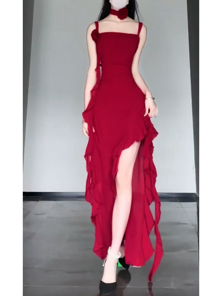 Sexy High Low Spaghetti Straps Christmas Dress Red Prom Dresses Birthday Outfits