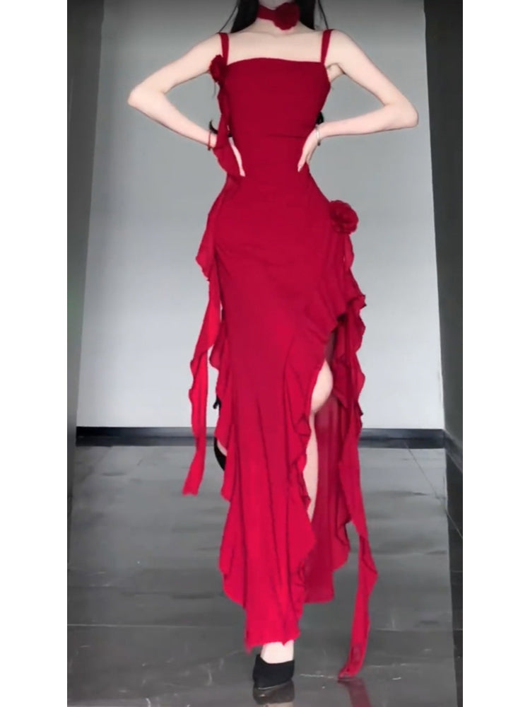 Sexy High Low Spaghetti Straps Christmas Dress Red Prom Dresses Birthday Outfits