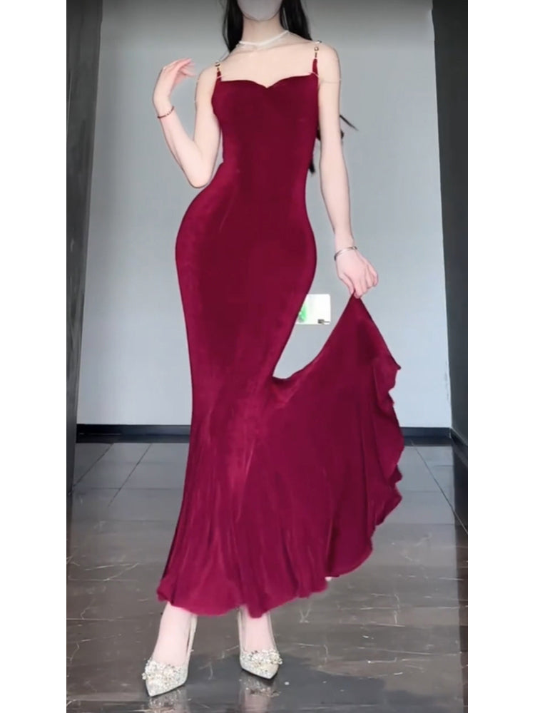 Sexy Mermaid Spaghetti Straps Christmas Dress Burgundy Prom Dresses Birthday Outfits