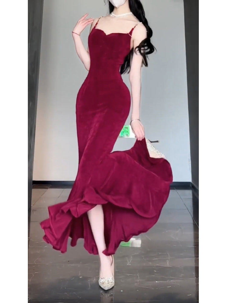 Sexy Mermaid Spaghetti Straps Christmas Dress Burgundy Prom Dresses Birthday Outfits
