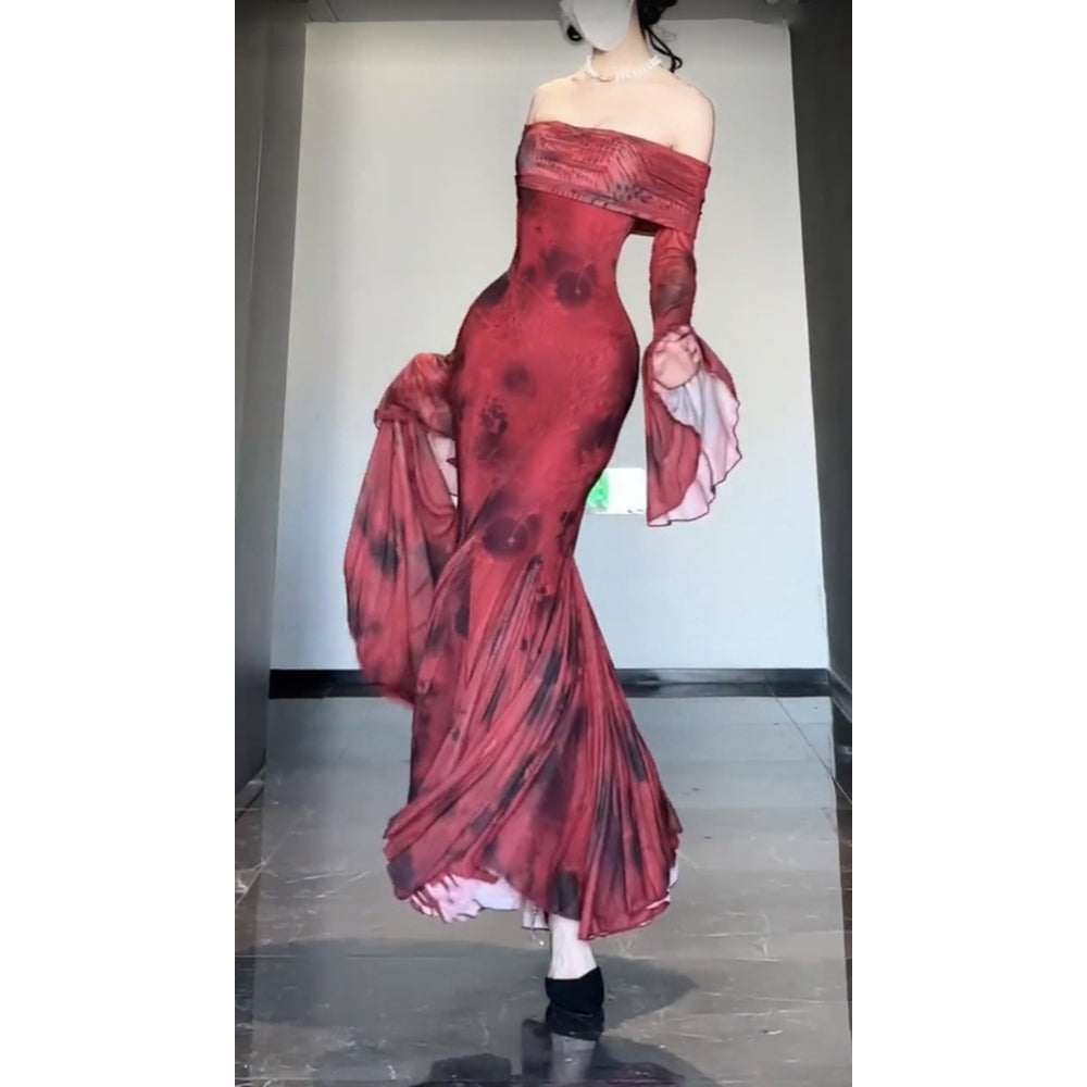 Retro Mermaid Off The Shoulder Floral Red Long Sleeves Party Dresses Birthday Outfits
