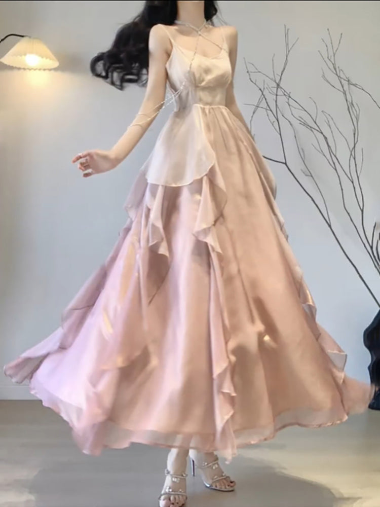 Sexy Mermaid Spaghetti Straps Ombre Pink Chiffon Dress Long Prom Dresses Birthday Outfits