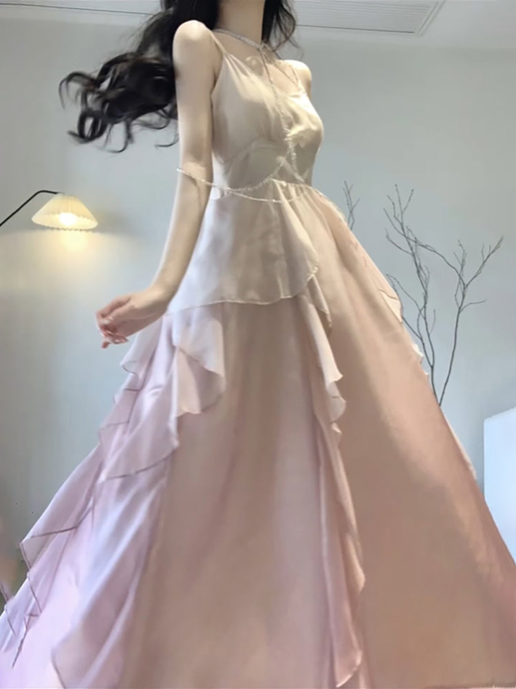 Sexy Mermaid Spaghetti Straps Ombre Pink Chiffon Dress Long Prom Dresses Birthday Outfits