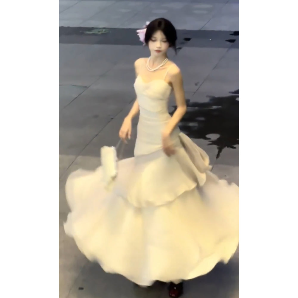 Sexy Mermaid Spaghetti Straps Ivory Long Prom Dresses Night Dress Birthday Outfits