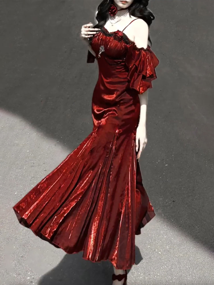 Sexy Mermaid Spaghetti Straps Burgundy Long Prom Dresses Christmas Night Dress Birthday Outfits