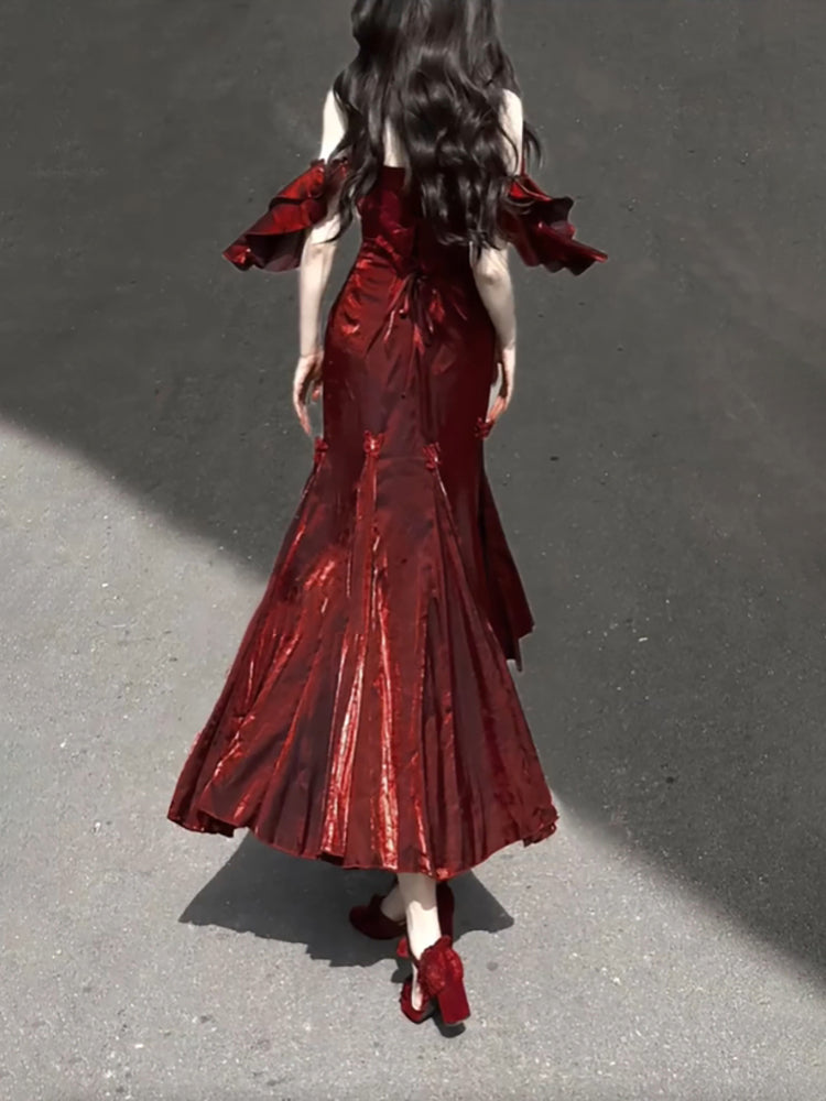 Sexy Mermaid Spaghetti Straps Burgundy Long Prom Dresses Christmas Night Dress Birthday Outfits