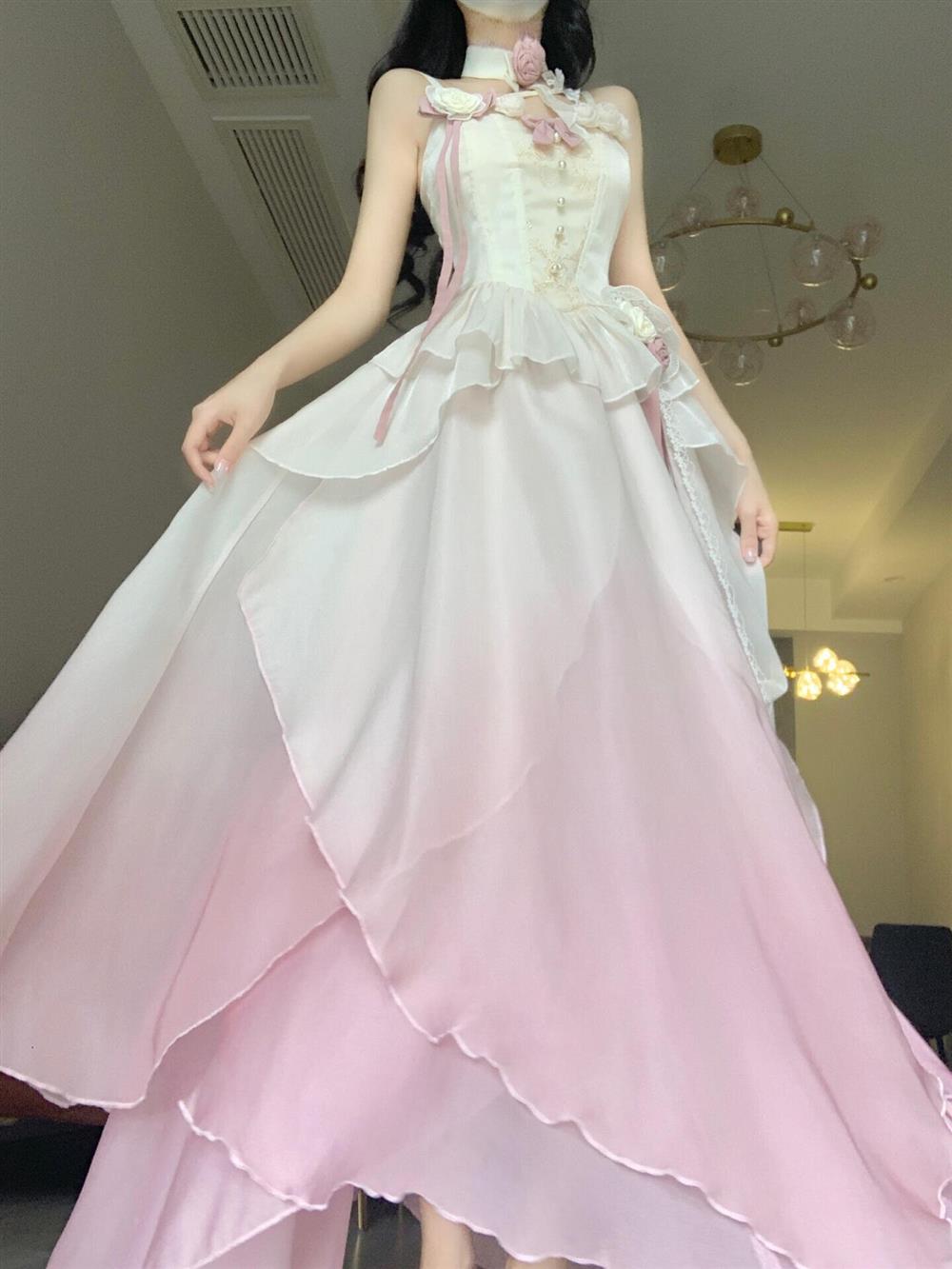 Sexy A line Ombre Pink Chiffon Dress Long Prom Dresses Night Dress Birthday Outfits