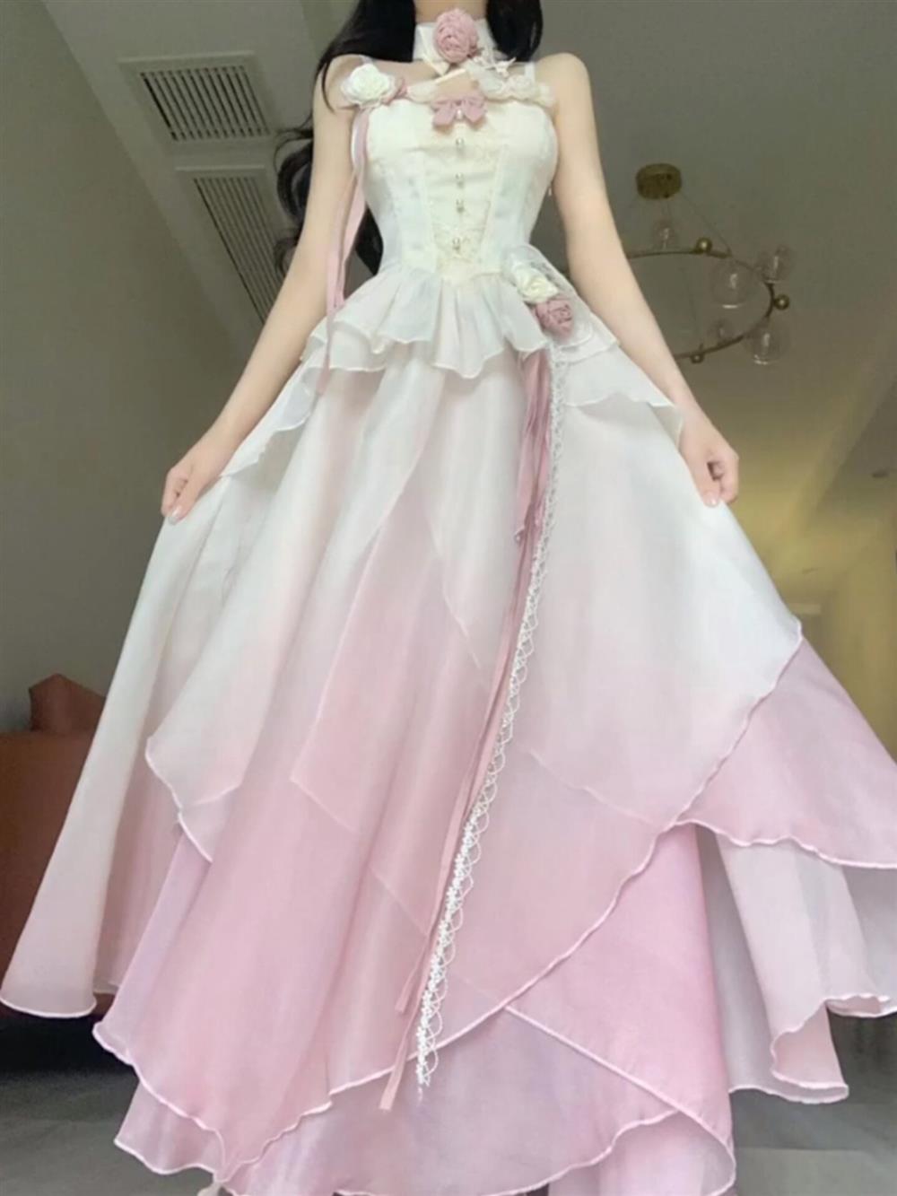 Sexy A line Ombre Pink Chiffon Dress Long Prom Dresses Night Dress Birthday Outfits