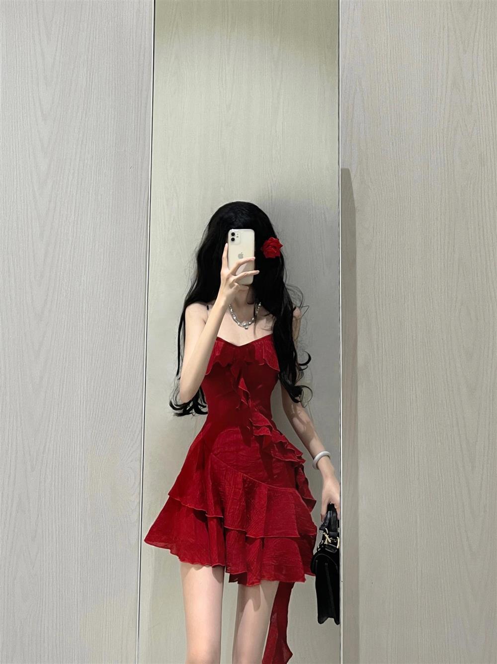Cute A line Spaghetti Straps Red Short Ruffles Skirt Birthday Dresses Birthday Outfits