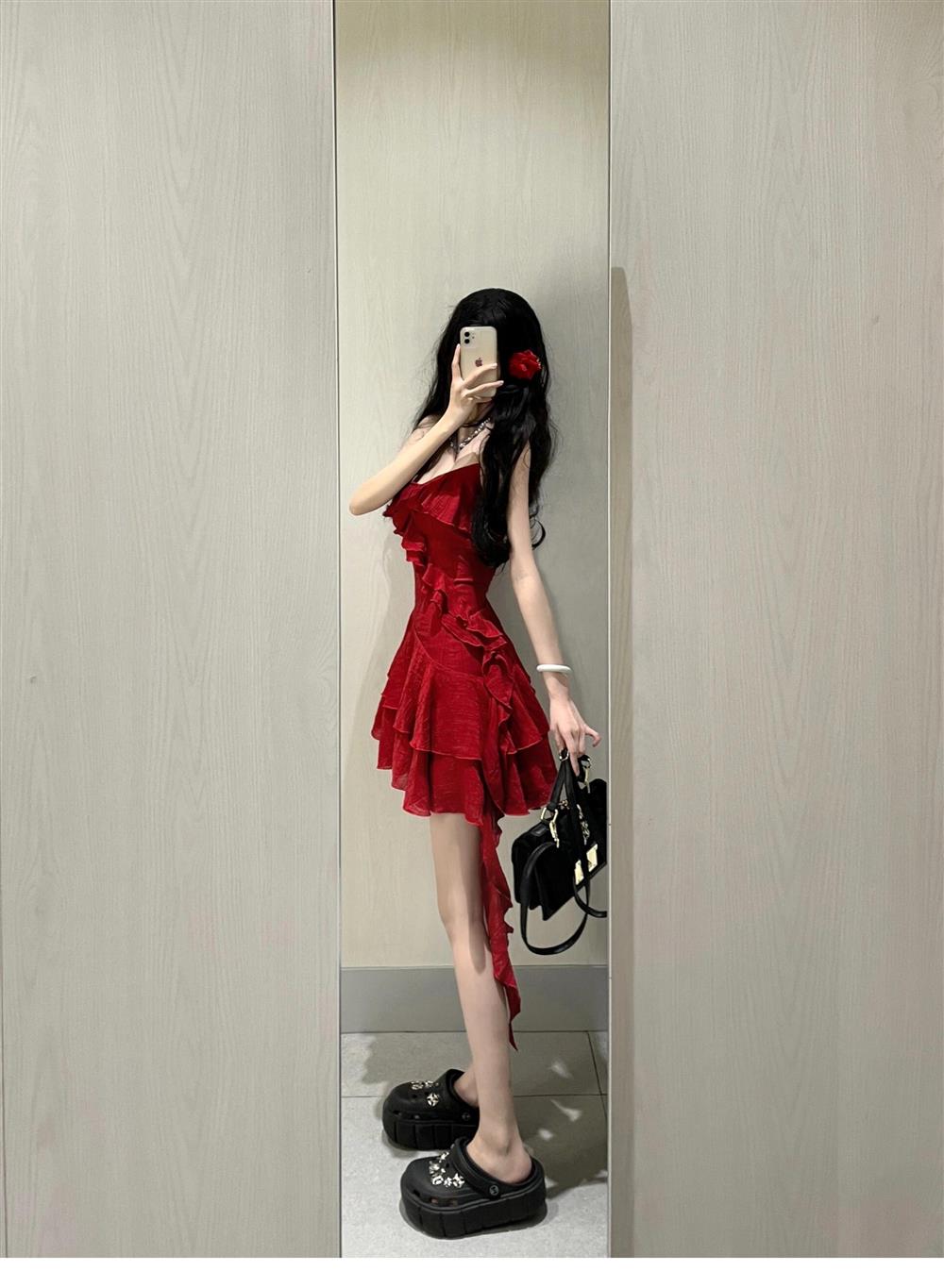 Cute A line Spaghetti Straps Red Short Ruffles Skirt Birthday Dresses Birthday Outfits