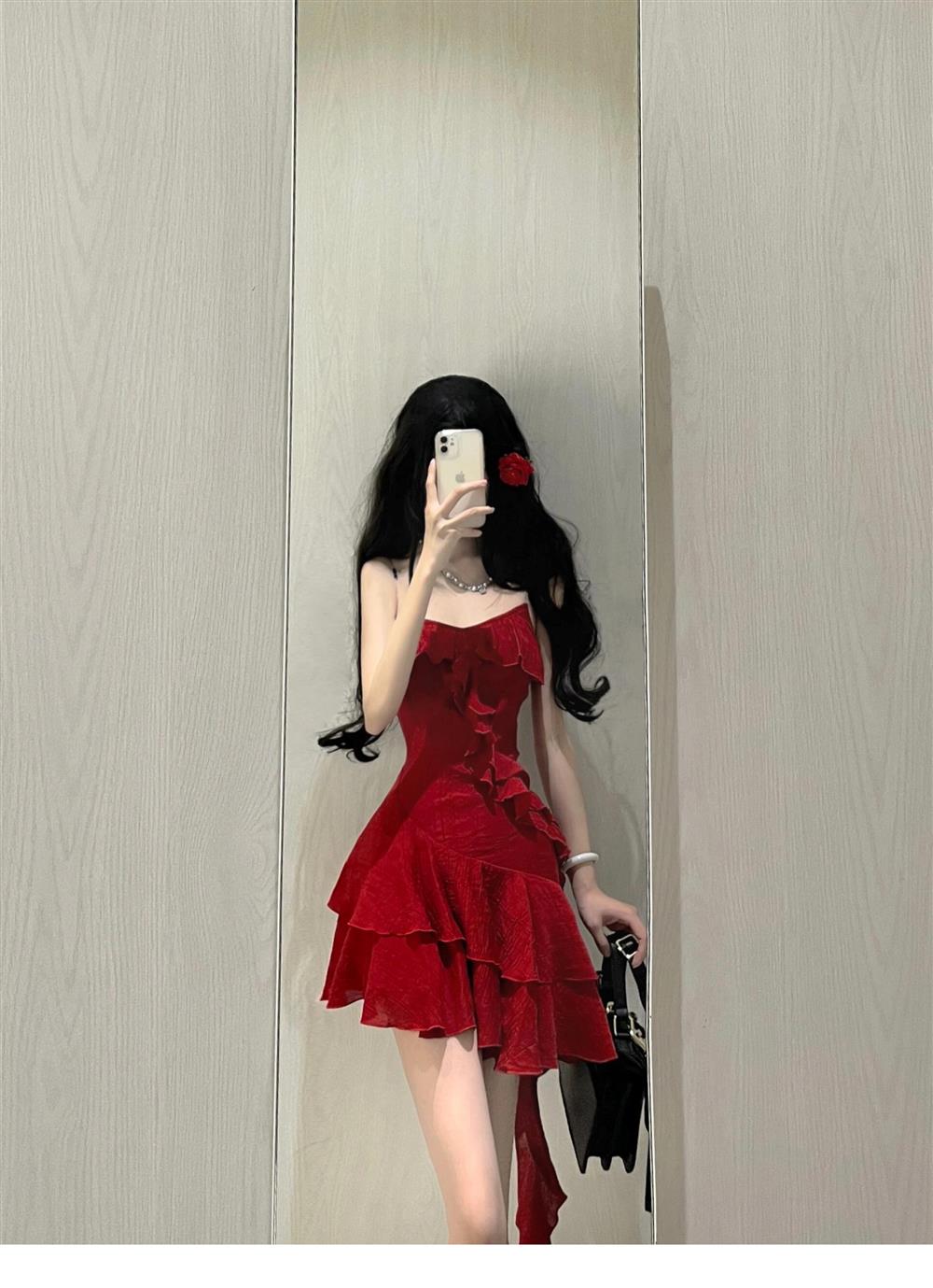 Cute A line Spaghetti Straps Red Short Ruffles Skirt Birthday Dresses Birthday Outfits