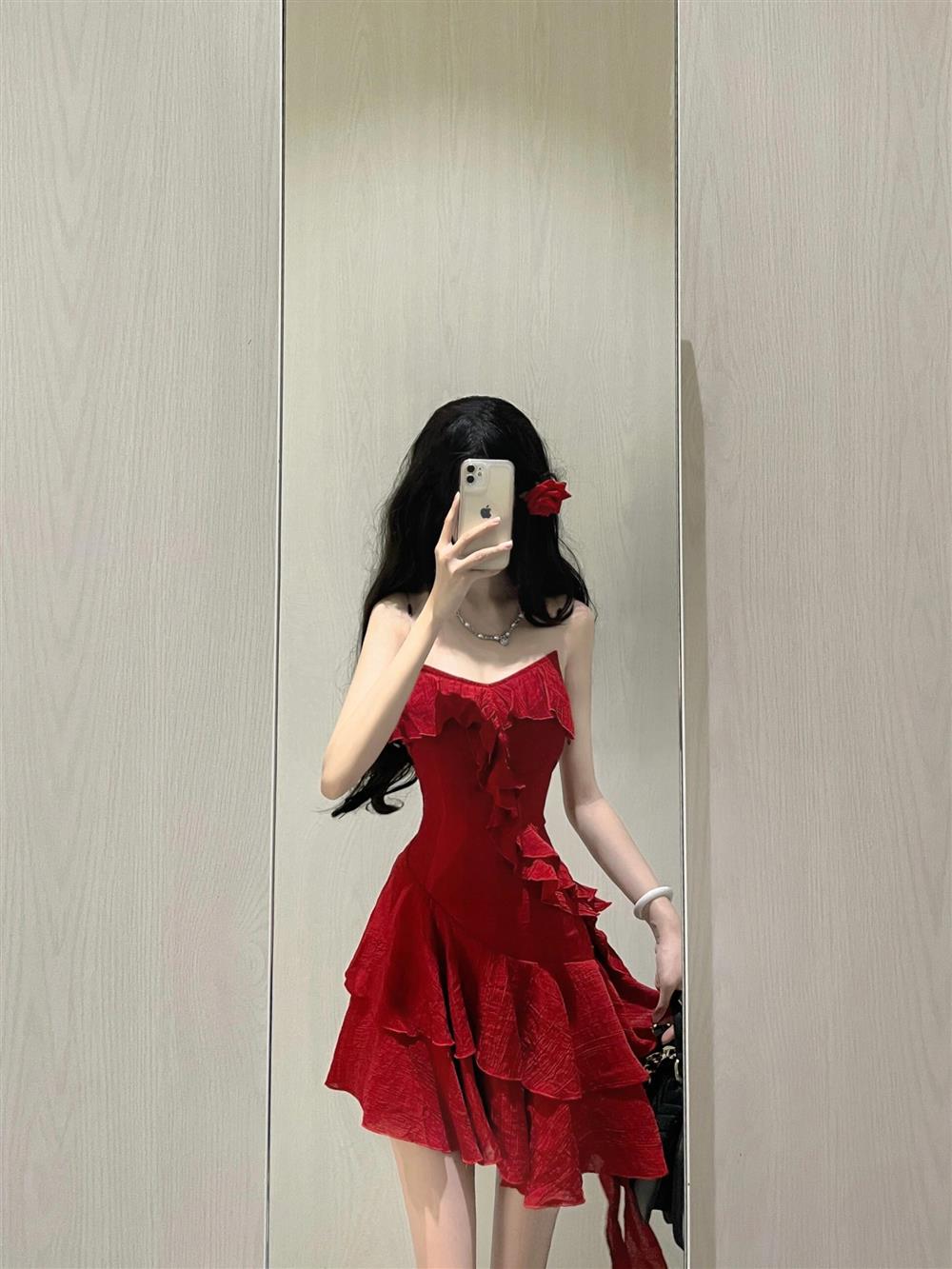 Cute A line Spaghetti Straps Red Short Ruffles Skirt Birthday Dresses Birthday Outfits